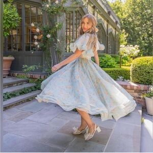 Ivy City Co Mint Green & Yellow Floral Ruffle Flutter Evermore Sleeve Dress.